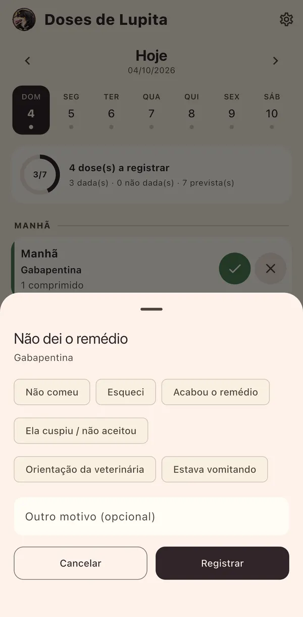 A escolha do motivo de uma dose não dada: não comeu, esqueci, acabou o remédio