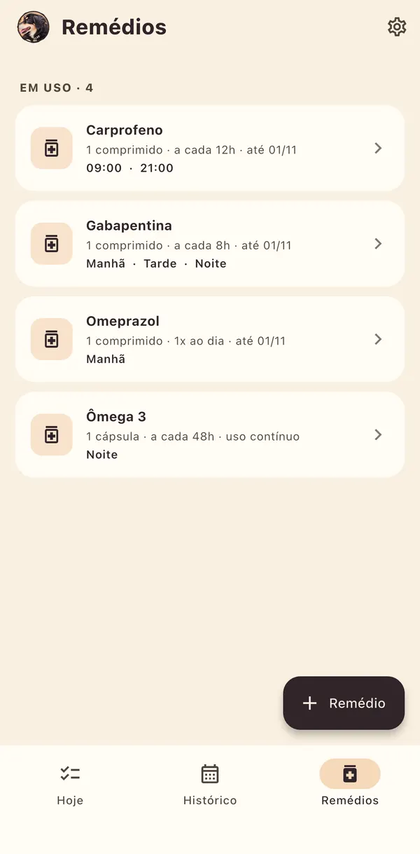 A lista de remédios em uso, com dose, horários e duração